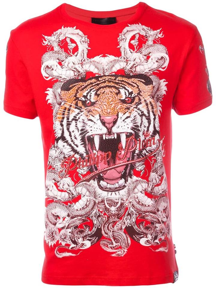 Philipp Plein Philipp Tiger T-shirt, Men's, Size: Xl, Red, Cotton/spandex/elastane