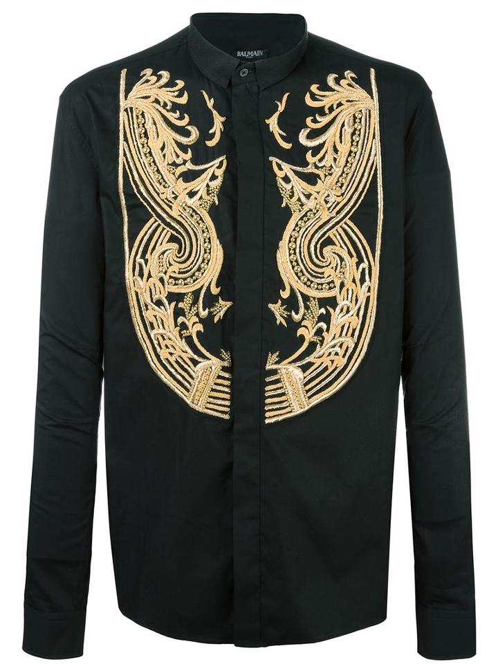 Balmain Embroidered Concealed Fastening Shirt, Men's, Size: 40, Black, Cotton