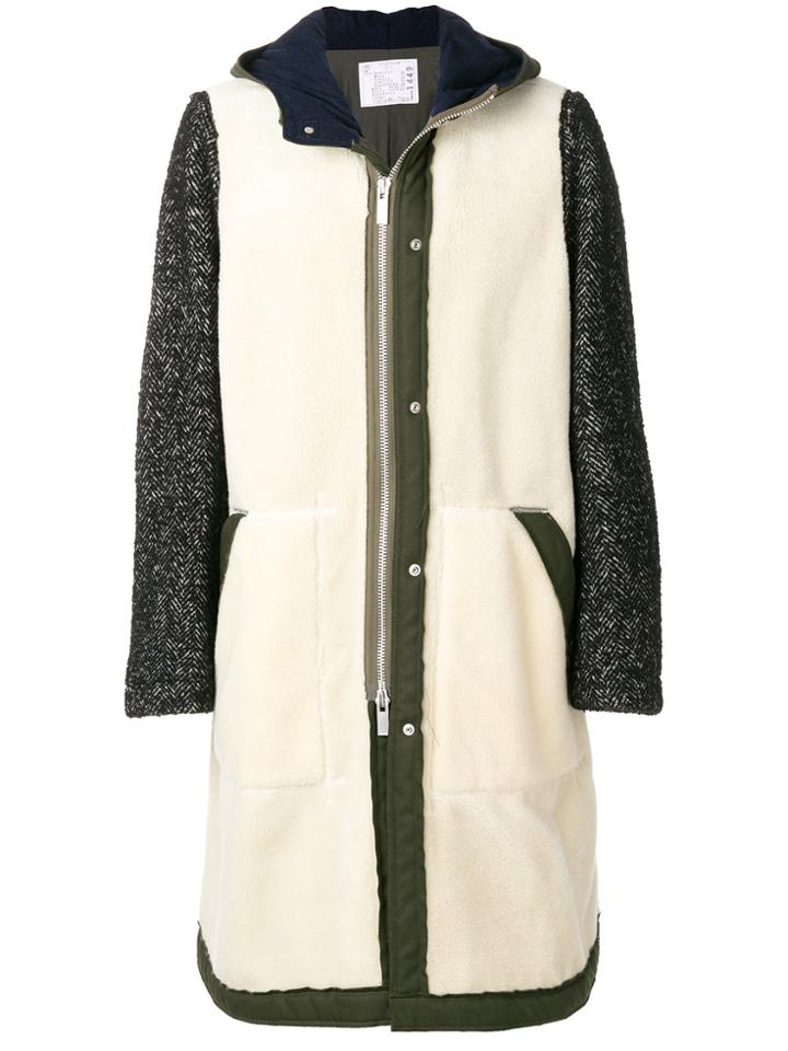 Sacai Herringbone Contrast Sleeve Coat - White