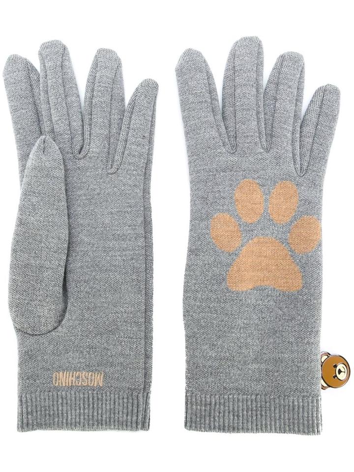 Moschino Paw Intarsia Gloves, Women's, Grey, Wool