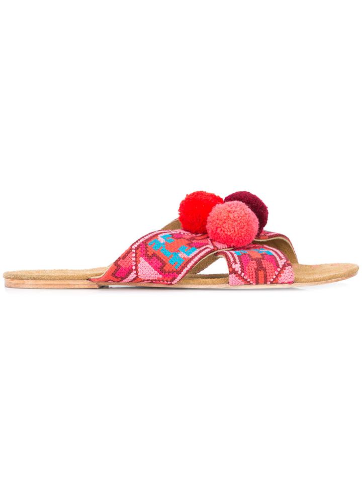 Figue Embroidered Pom Pom Sandals
