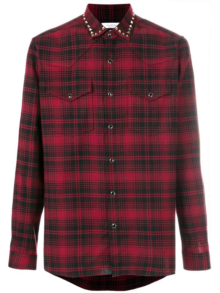 Valentino Rockstud Trim Plaid Shirt - Red