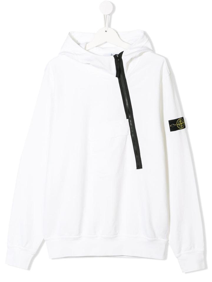 Stone Island Junior Teen Off-centre Zipped Hoodie - White
