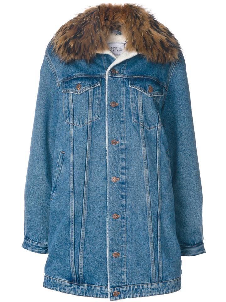 Forte Couture Fur Detail Elongated Denim Jacket - Blue