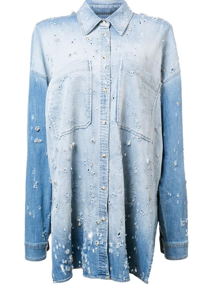 Faith Connexion Perforated Detailing Shirt, Women's, Size: Medium, Blue, Cotton/spandex/elastane/polyester
