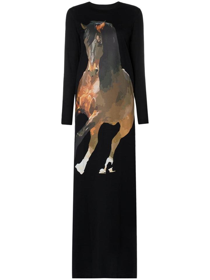 Marques'almeida Long-sleeved Horse Print Cotton Maxi Dress - Black