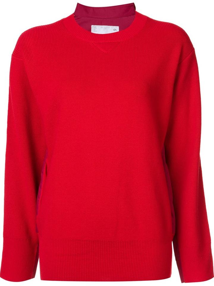 Sacai Poplin Insert Sweater, Women's, Size: 2, Red, Cotton/polyester/wool