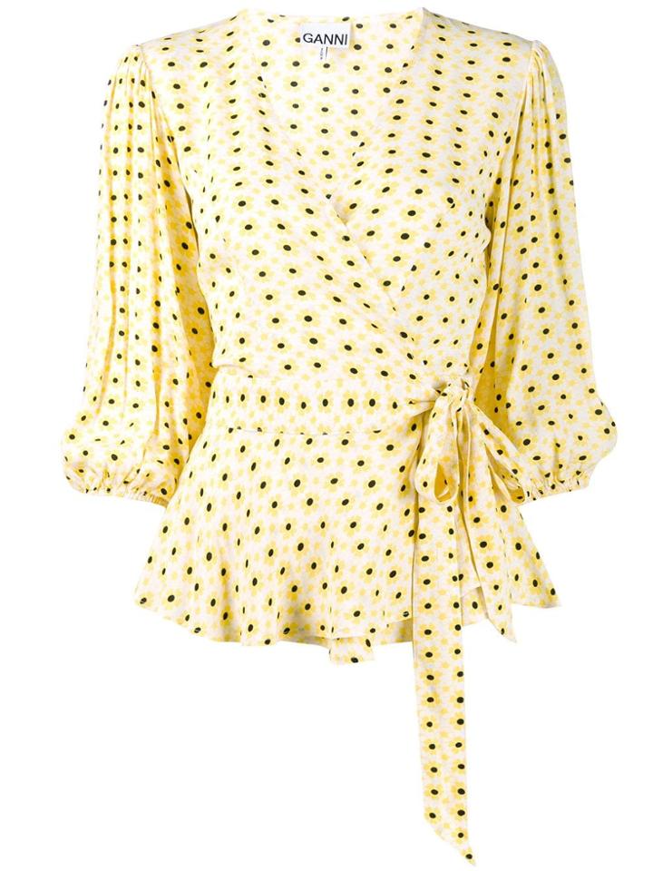 Ganni Floral Print Wrap Blouse - Yellow