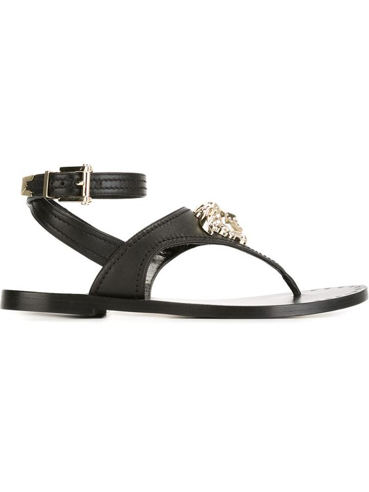 Versace Medusa Thong Strap Sandals, Women's, Size: 37.5, Black, Leather
