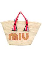Miu Miu Logo Embroidered Woven Tote - Nude & Neutrals