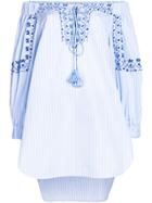 Ermanno Scervino Embroidered Striped Off The Shoulder Blouse - Blue