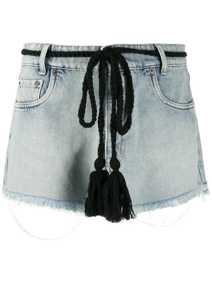 Miu Miu Belted Distressed Denim Shorts - Blue