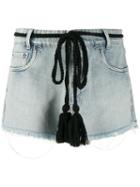Miu Miu Belted Distressed Denim Shorts - Blue