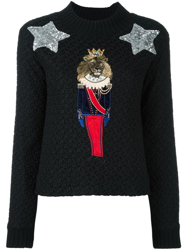 Dolce & Gabbana Lion Soldier Patch Jumper, Women's, Size: 40, Black, Acrylic/polyamide/polyester/brass