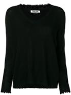 Max & Moi Cashmere Frayed V-neck Sweater - Black