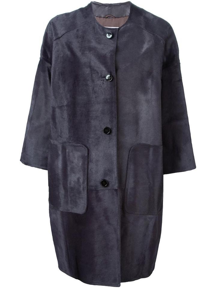 Yves Salomon Single Breasted Midi Coat, Women's, Size: 40, Grey, Silk/calf Leather/calf Hair/lamb Fur