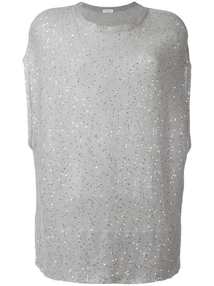 Brunello Cucinelli - Short-sleeve Sequin Jumper - Women - Silk/linen/flax/polyamide - L, Women's, Grey, Silk/linen/flax/polyamide