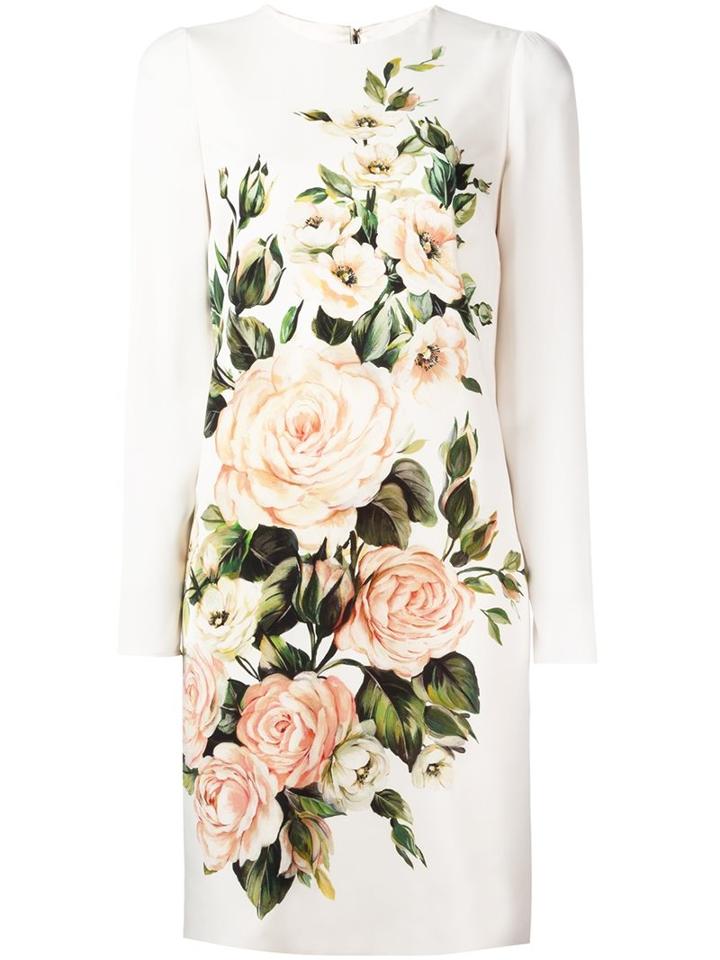 Dolce & Gabbana Floral Bouquet Print Dress, Women's, Size: 42, White, Silk/spandex/elastane