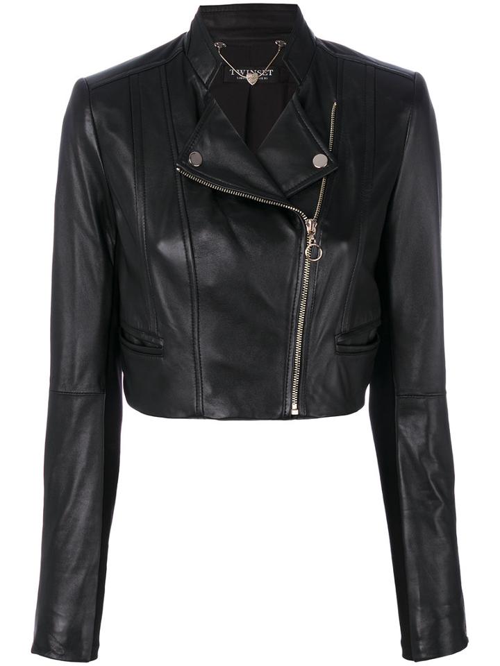 Twin-set - Cropped Biker Jacket - Women - Lamb Skin/polyamide/polyester/elastolefin - 46, Black, Lamb Skin/polyamide/polyester/elastolefin