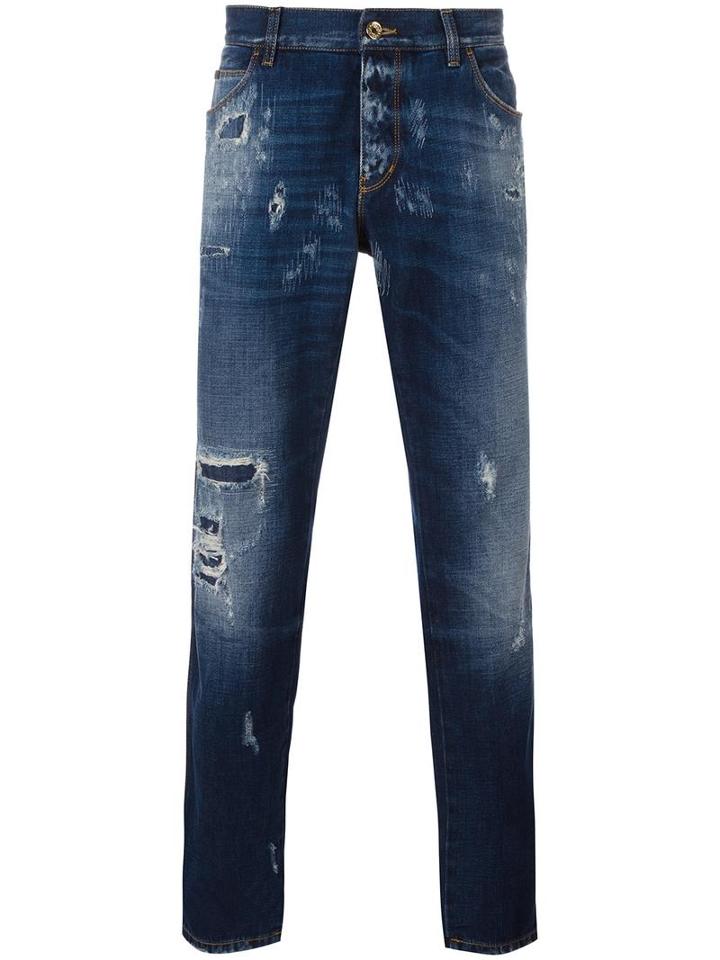 Dolce & Gabbana Ripped Detail Jeans, Men's, Size: 52, Blue, Cotton/calf Leather