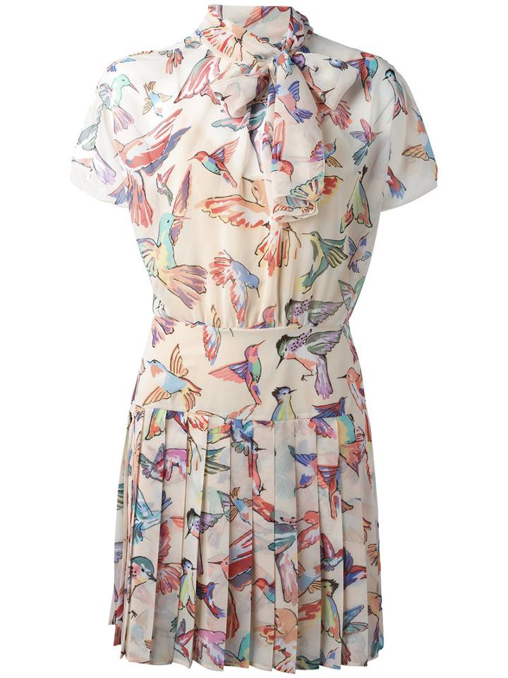 Red Valentino Birds Print Pleated Dress, Women's, Size: 40, Nude/neutrals, Polyester