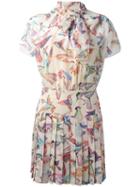 Red Valentino Birds Print Pleated Dress, Women's, Size: 40, Nude/neutrals, Polyester