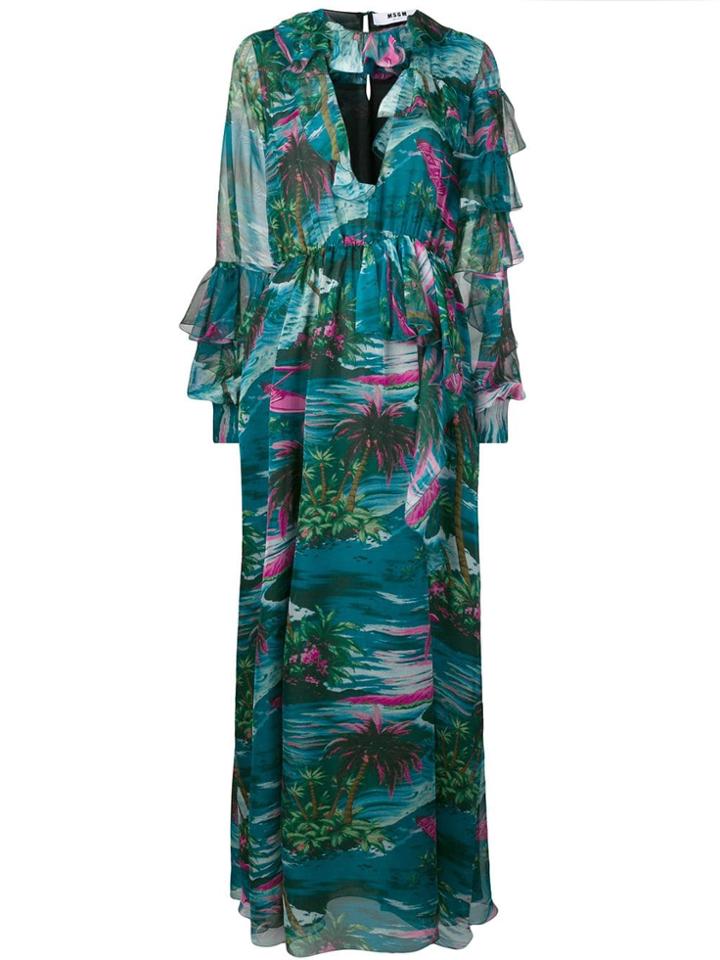 Msgm Tropical Print Ruffle Dress - Green