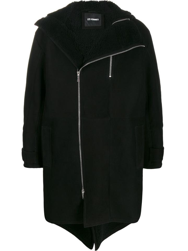 Les Hommes Boxy Fit Textured Coat - Black