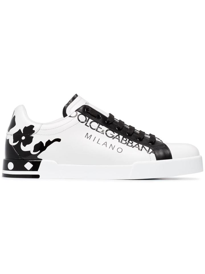 Dolce & Gabbana White And Black Portofino Leather Sneakers