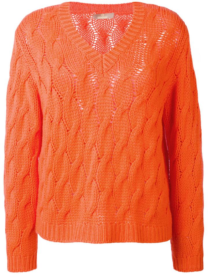 Cruciani - Cable Knit V-neck Jumper - Women - Cashmere - 40, Women's, Yellow/orange, Cashmere