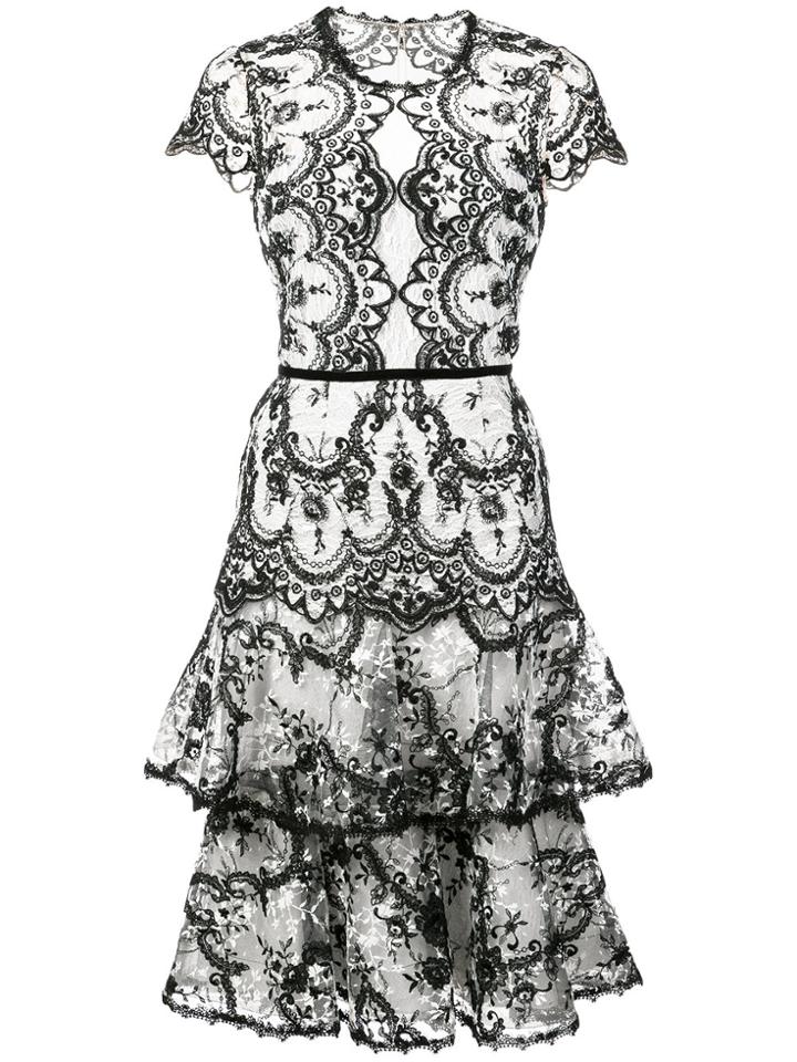 Marchesa Notte Embroidered Lace Midi Dress - White