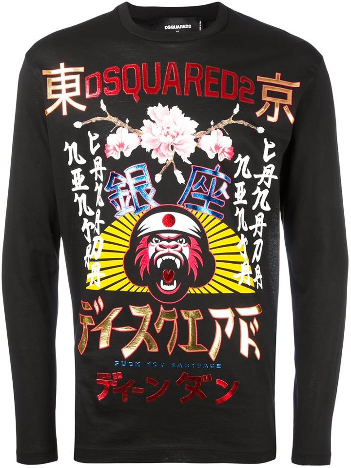 Dsquared2 Embroidered Long Sleeved T-shirt, Men's, Size: Xs, Black, Cotton