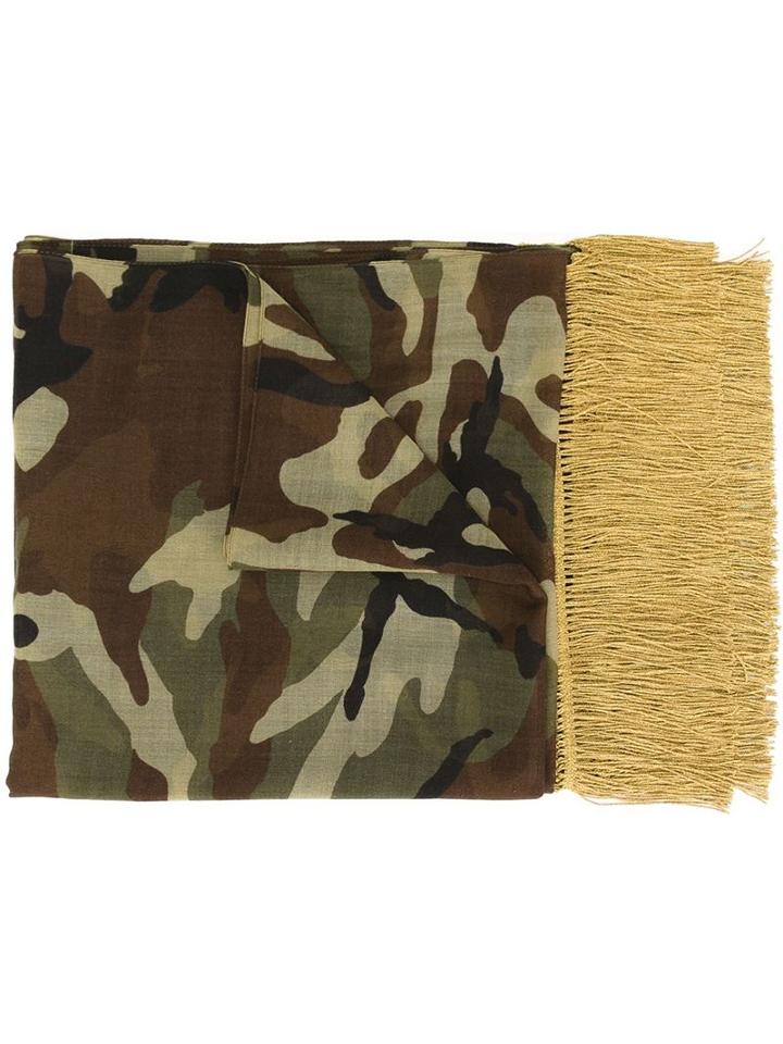 Saint Laurent Fringed Camouflage Scarf