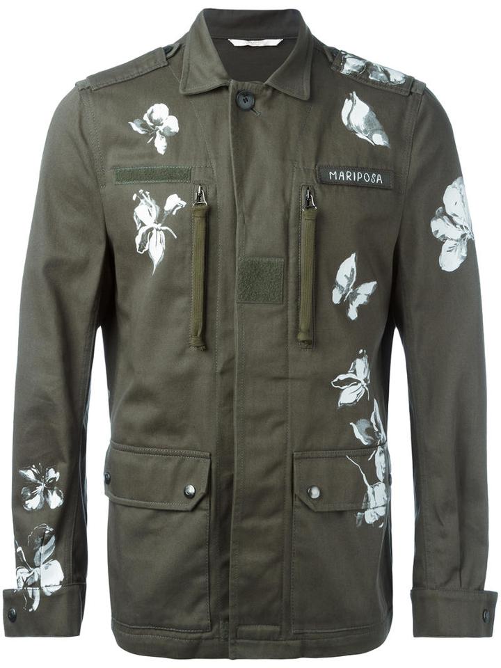 Valentino Butterfly And Floral Print Military Jacket, Men's, Size: 50, Green, Cotton
