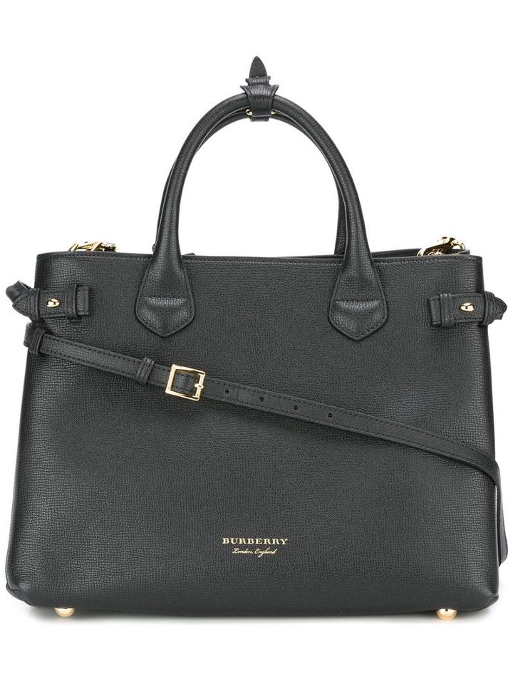 Burberry Checked Detail Tote, Women's, Black, Calf Leather/cotton
