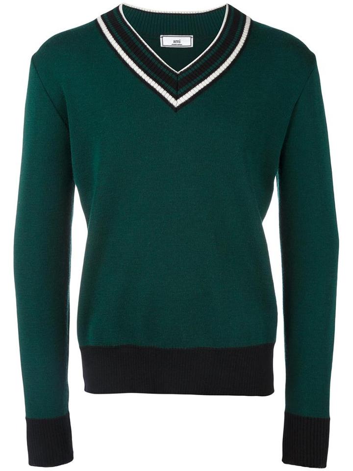 Ami Alexandre Mattiussi V Neck Sweater, Men's, Size: Small, Green, Virgin Wool
