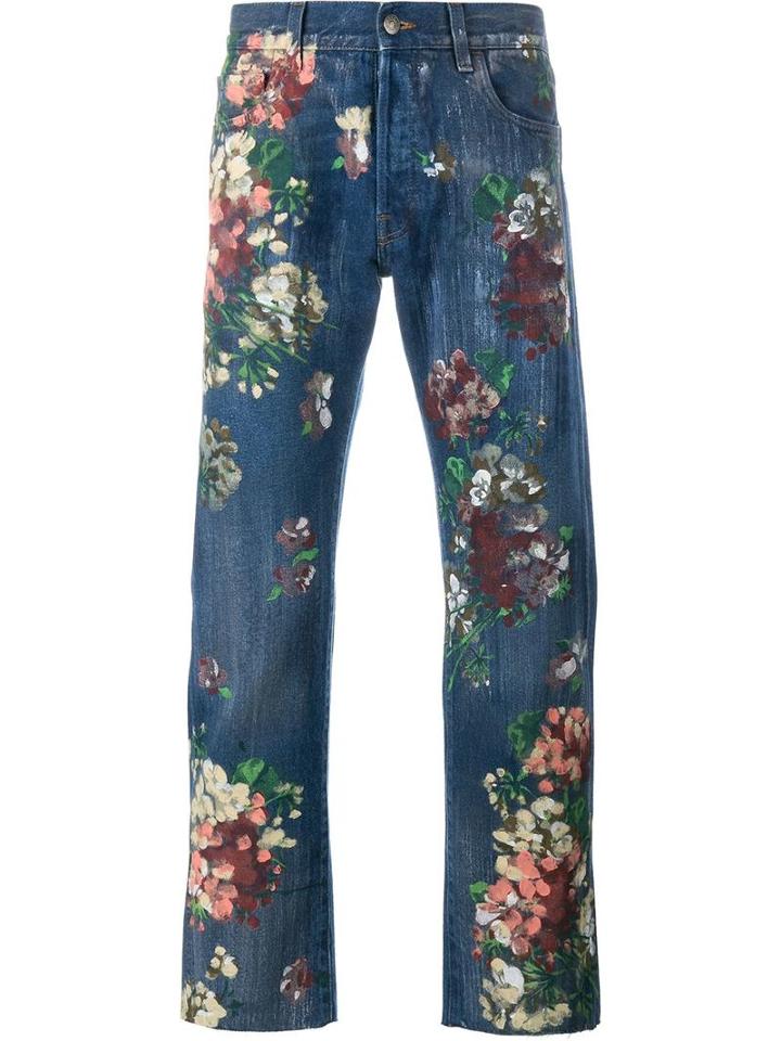 Gucci Floral Painted Jeans, Men's, Size: 33, Blue, Cotton