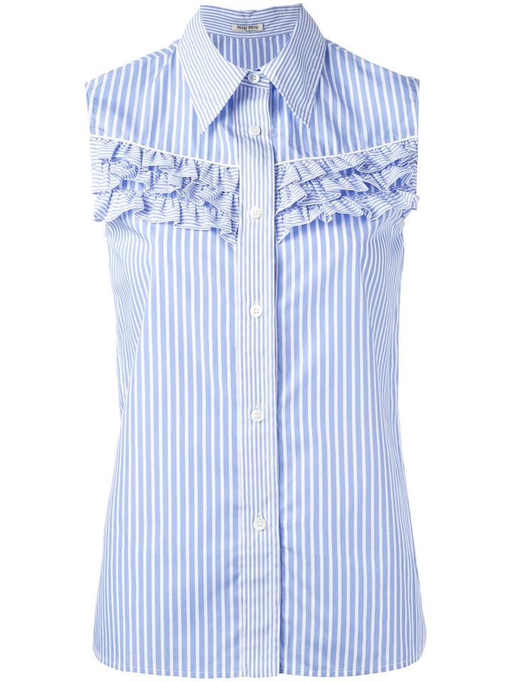 Miu Miu Ruffled Trim Sleeveless Striped Shirt, Women's, Size: 40, Blue, Cotton