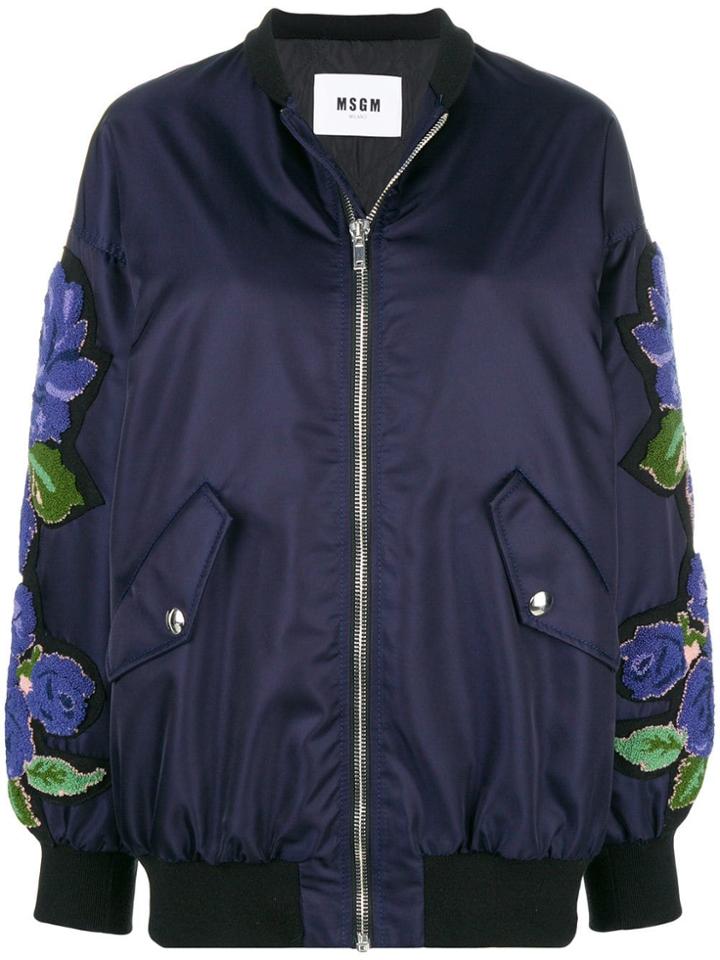 Msgm Terry-flocked Satin Bomber Jacket - Blue