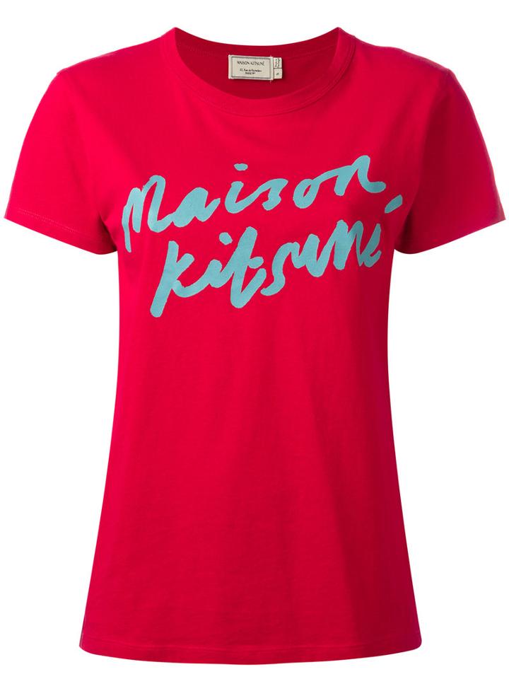 Maison Kitsuné Logo Handwriting Print T-shirt, Women's, Size: Large, Red, Cotton