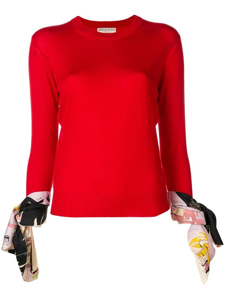 Emilio Pucci Silk Trimmed Tie Cuff Knit Top - Red