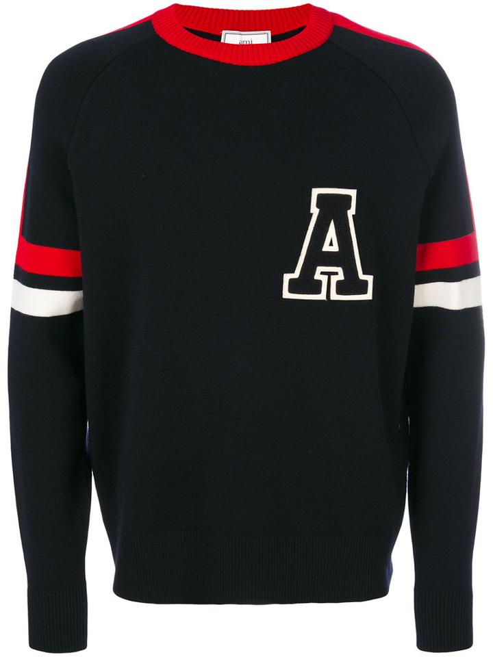 Ami Alexandre Mattiussi - Striped 'a' Jumper - Men - Merino/polyamide - L, Blue, Merino/polyamide