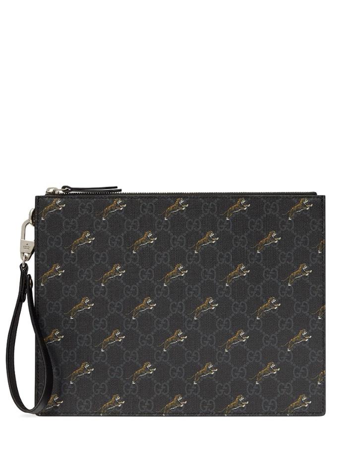 Gucci Gg Pouch With Tiger Print - Black