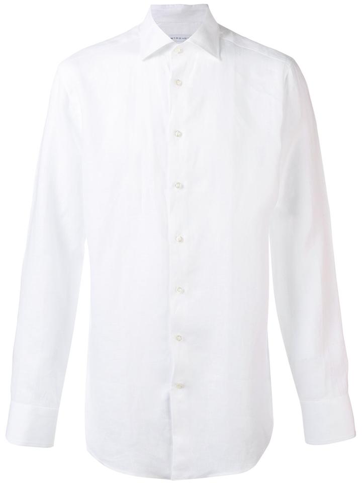 Etro Curved Hem Shirt, Men's, Size: 41, White, Linen/flax