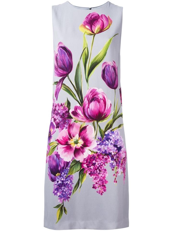 Dolce & Gabbana Floral Bouquet Print Dress, Women's, Size: 42, Grey, Silk/spandex/elastane/viscose