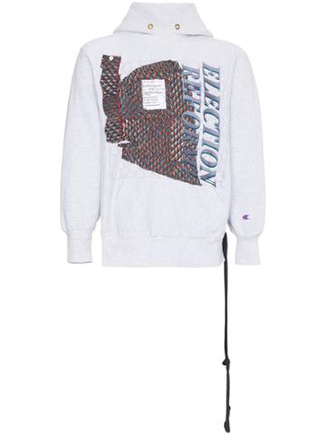 Election Reform Embroidered Patchwork Cotton Hoodie - Grey