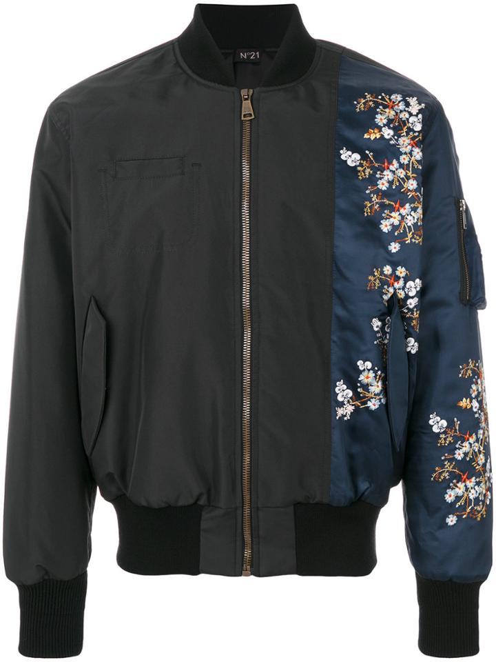 No21 Flower Print Patch Bomber Jacket - Black