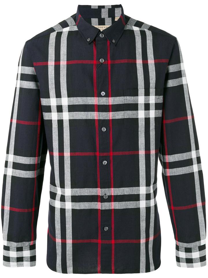 Burberry Checked Shirt, Men's, Size: Xl, Blue, Cotton/linen/flax