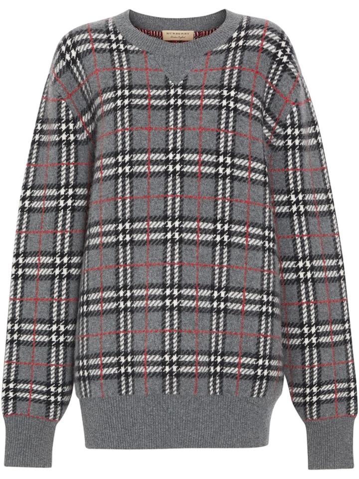 Burberry Check Cashmere Jacquard Sweater - Grey