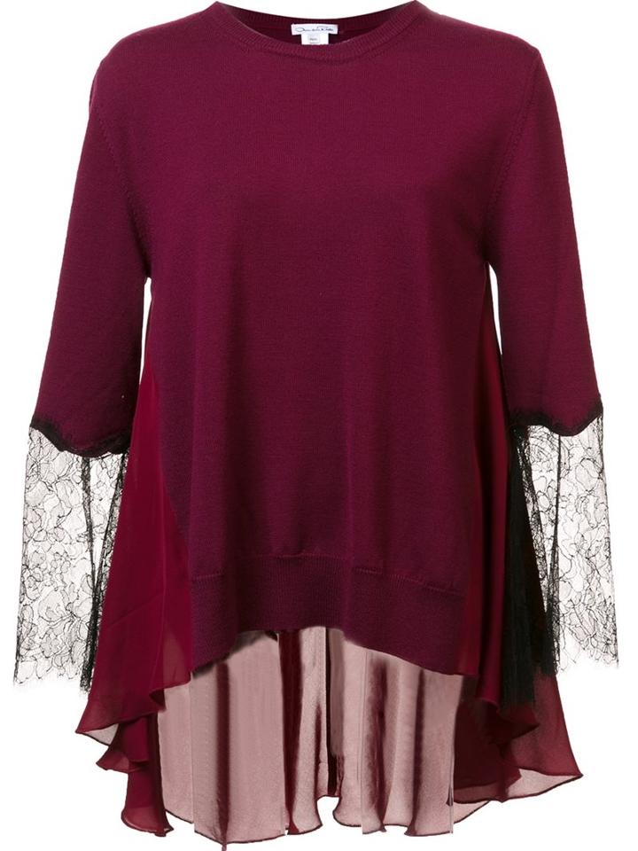 Oscar De La Renta Lace Sleeve Knitted Top, Women's, Size: Large, Pink/purple, Virgin Wool